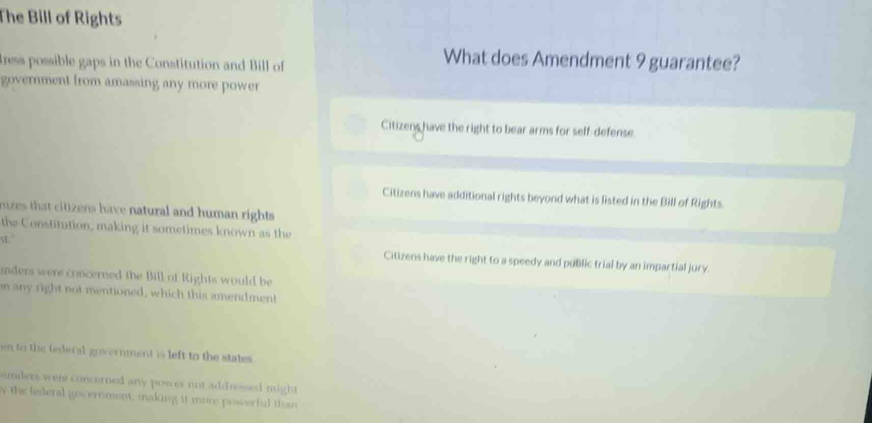 what does amendment 9 guarantee? - citizens have the right to bear arms…