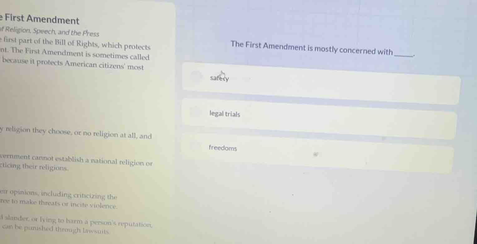 the first amendment is mostly concerned with ______. safety legal trial…