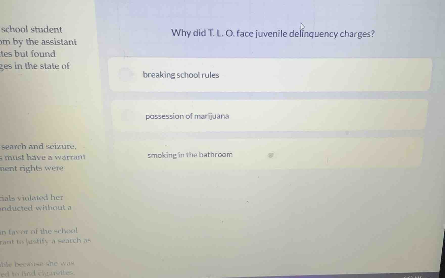 why did t. l. o. face juvenile delinquency charges? breaking school rul…