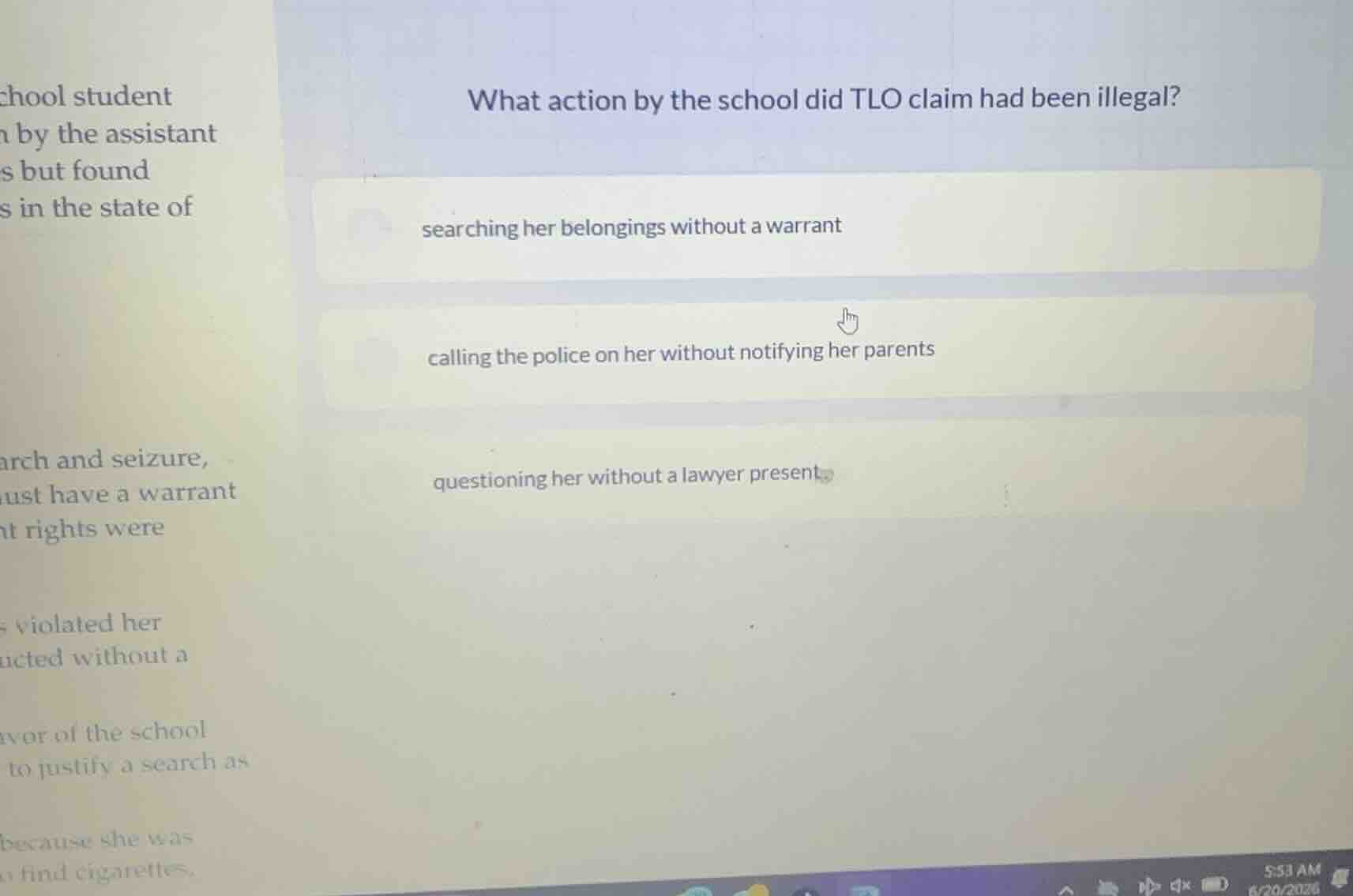 what action by the school did tlo claim had been illegal? searching her…