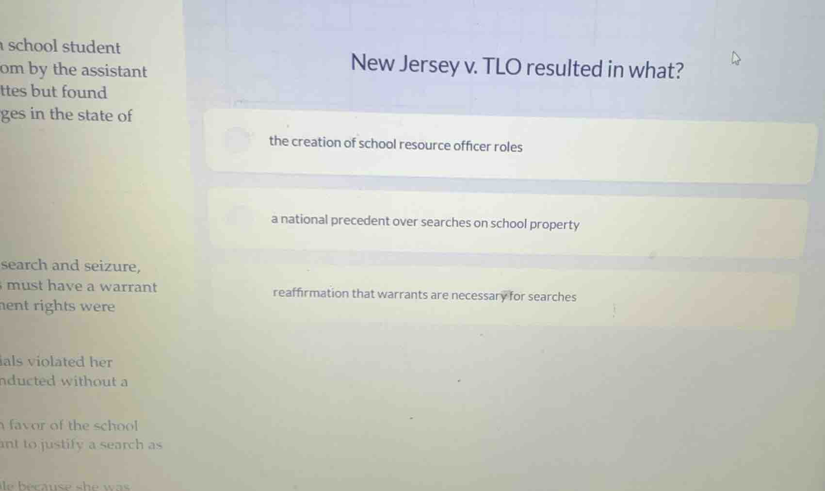 new jersey v. tlo resulted in what? the creation of school resource off…