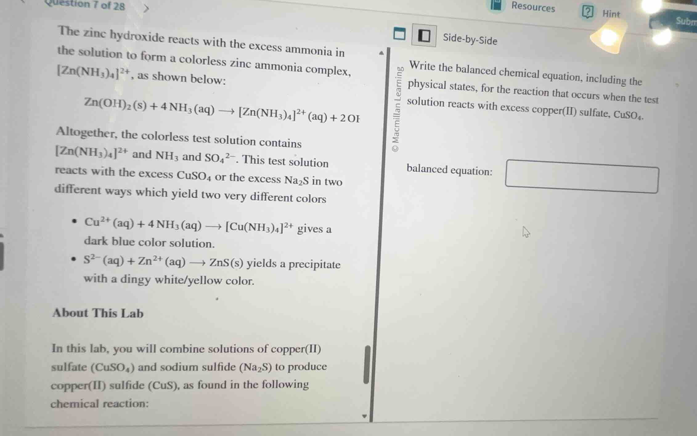 the zinc hydroxide reacts with the excess ammonia in the solution to fo…