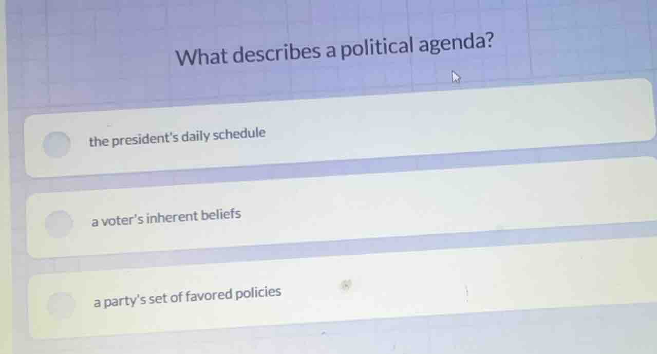 what describes a political agenda? the presidents daily schedule a vote…