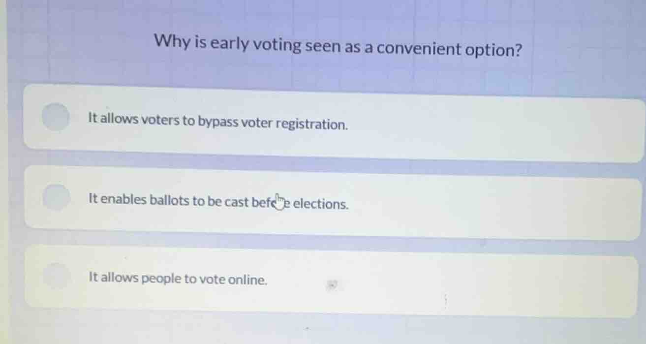 why is early voting seen as a convenient option? it allows voters to by…