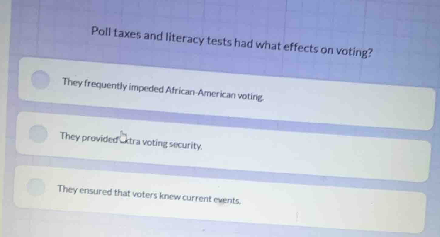 poll taxes and literacy tests had what effects on voting? they frequent…