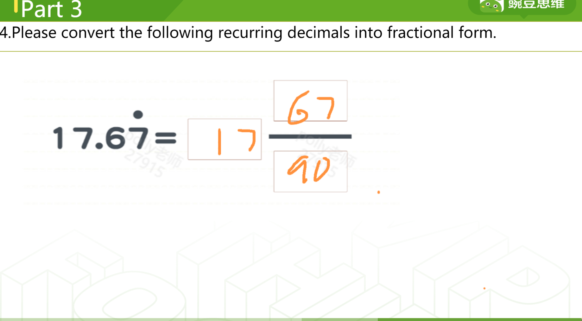 part 3 4. please convert the following recurring decimals into fraction…