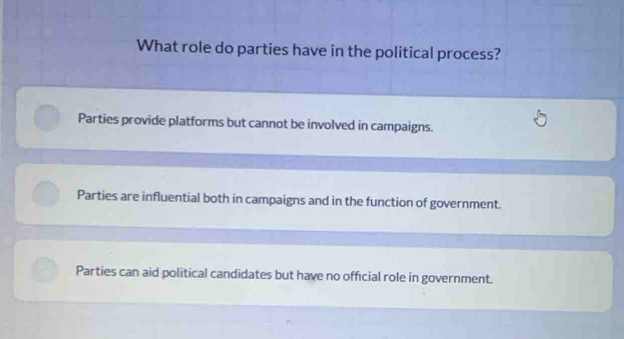 what role do parties have in the political process? parties provide pla…