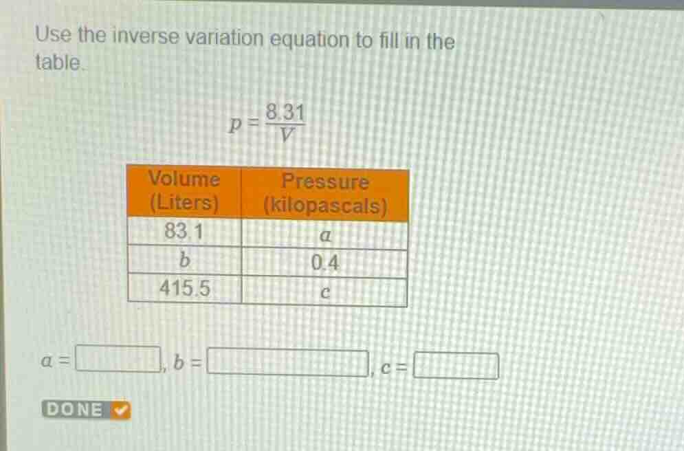 use the inverse variation equation to fill in the table. \\p = \\frac{8…