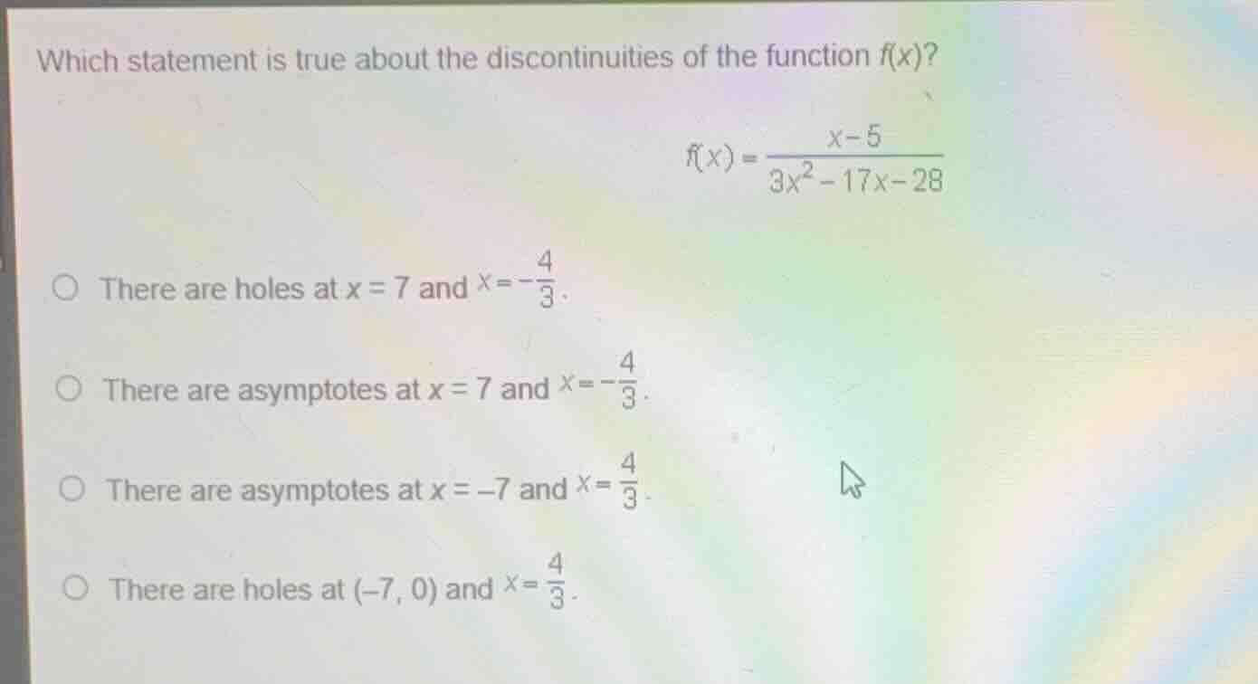 which statement is true about the discontinuities of the function \\(f(…