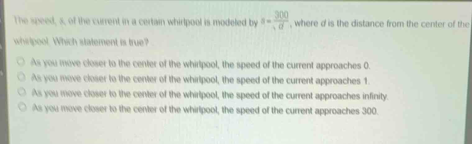 the speed, \\(s\\), of the current in a certain whirlpool is modeled by…