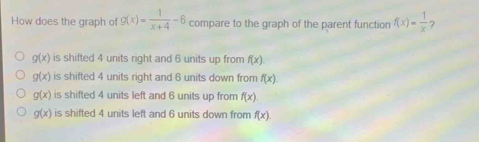how does the graph of (g(x) = \frac{1}{x+4} - 6) compare to the graph o…
