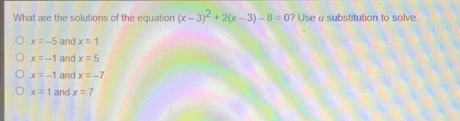 what are the solutions of the equation \\((x - 3)^2 + 2(x - 3) - 8 = 0\…