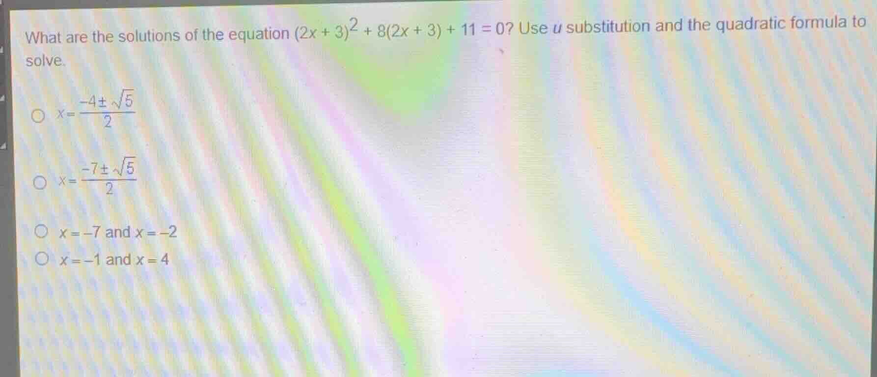 what are the solutions of the equation \\((2x + 3)^2 + 8(2x + 3) + 11 =…