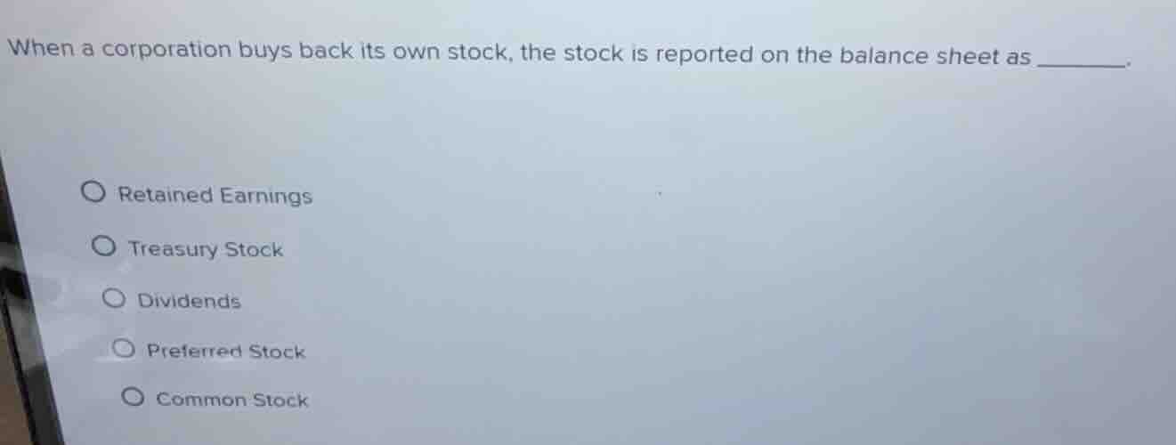 when a corporation buys back its own stock, the stock is reported on th…