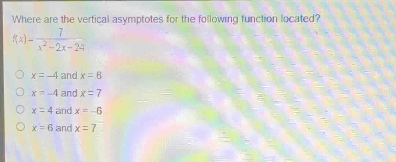 where are the vertical asymptotes for the following function located? \…