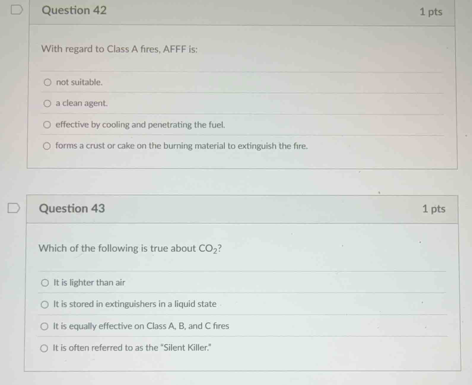 question 42 with regard to class a fires, afff is: not suitable. a clea…