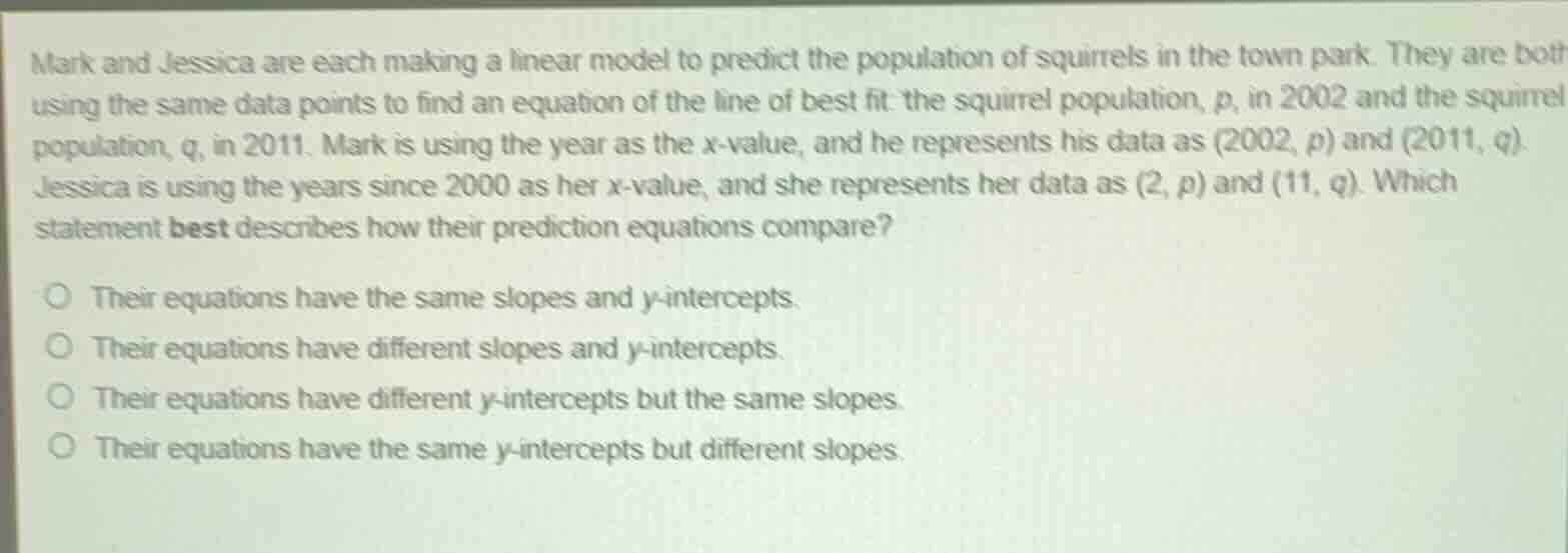 mark and jessica are each making a linear model to predict the populati…