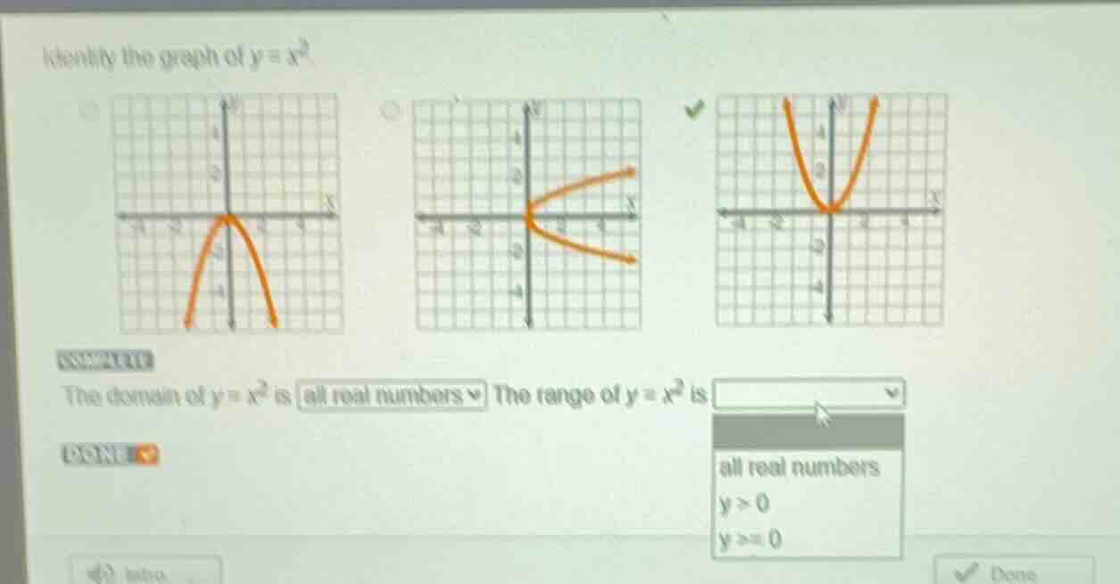 identify the graph of \\(y = x^2\\) the domain of \\(y = x^2\\) is all …