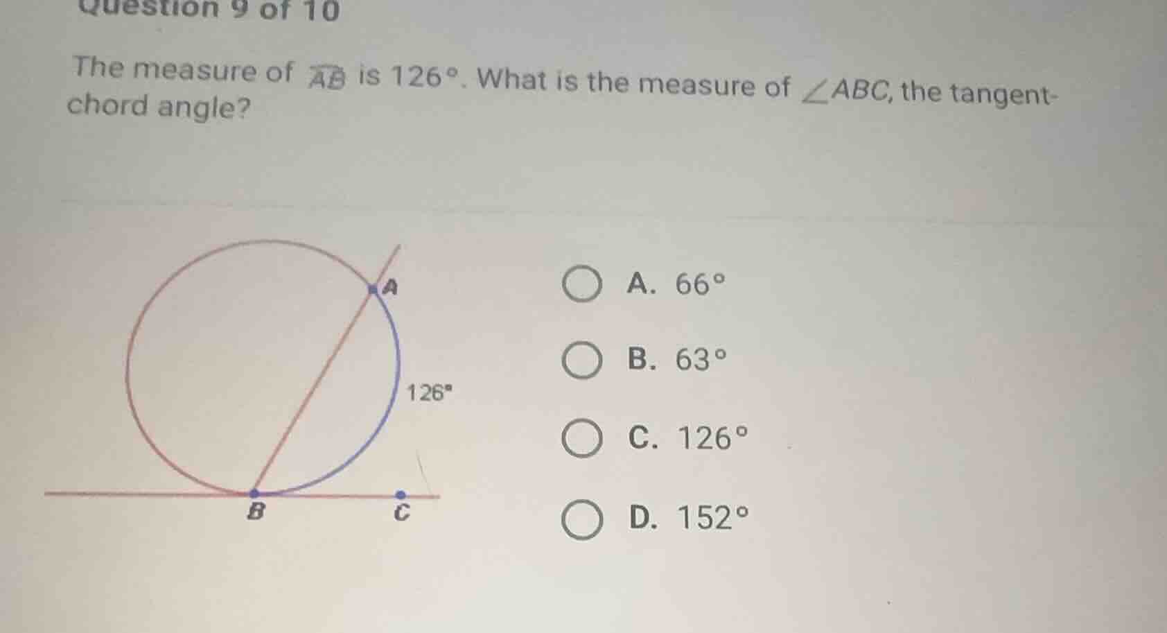 question 9 of 10 the measure of \\(\\widehat{ab}\\) is \\(126^{\\circ}\…