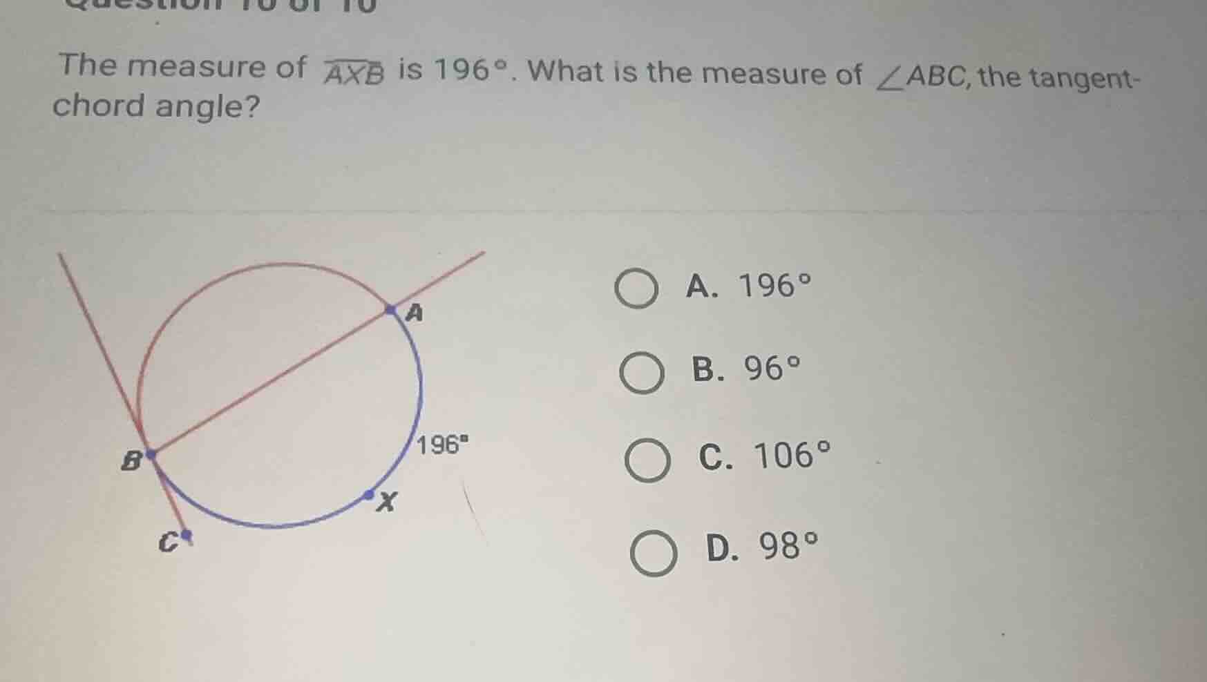 the measure of \\(\\widehat{axb}\\) is \\(196^\\circ\\). what is the me…