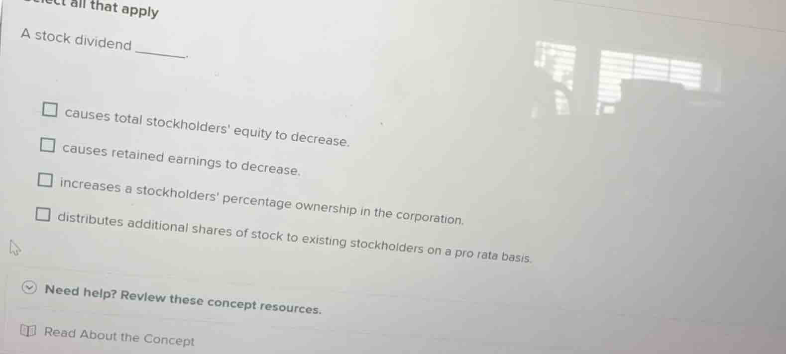 select all that apply a stock dividend ______. causes total stockholder…
