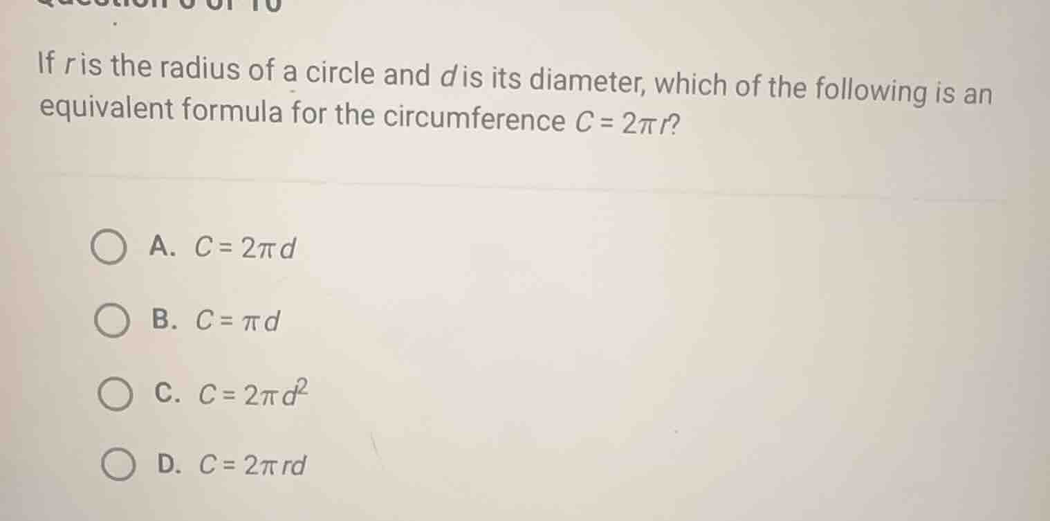 if \\(r\\) is the radius of a circle and \\(d\\) is its diameter, which…