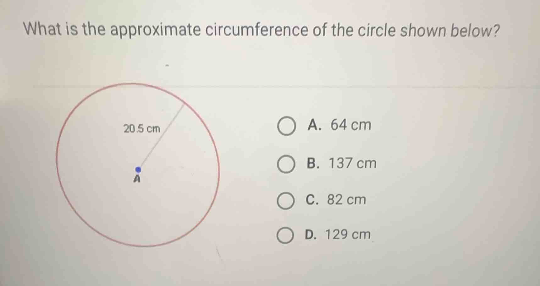 what is the approximate circumference of the circle shown below? a. 64 …