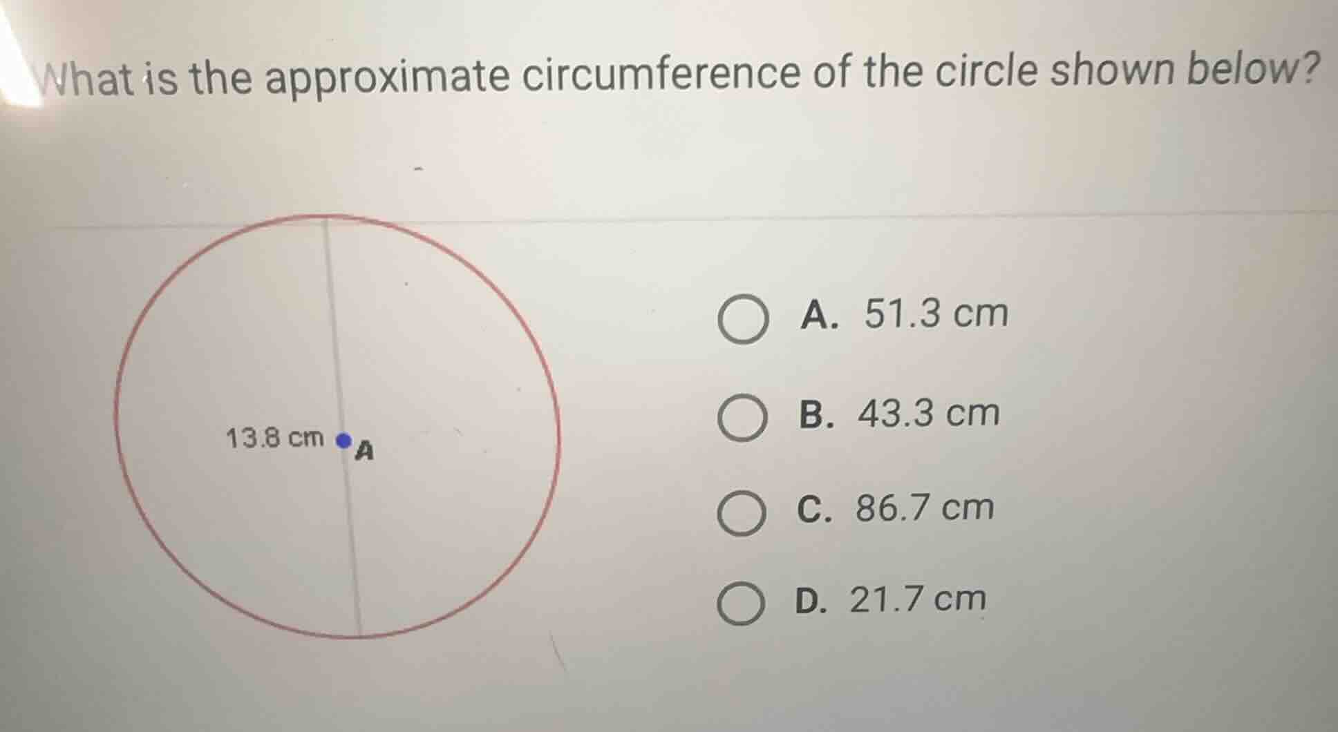 what is the approximate circumference of the circle shown below? a. 51.…