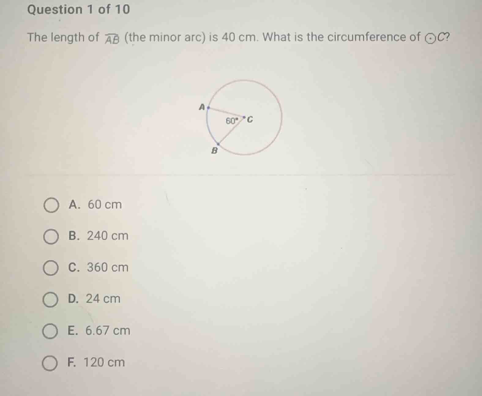 question 1 of 10 the length of \\(\\widehat{ab}\\) (the minor arc) is 4…