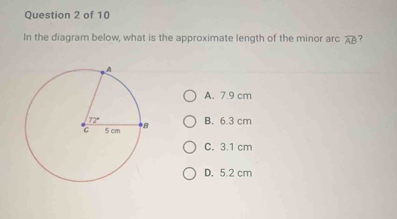 question 2 of 10 in the diagram below, what is the approximate length o…