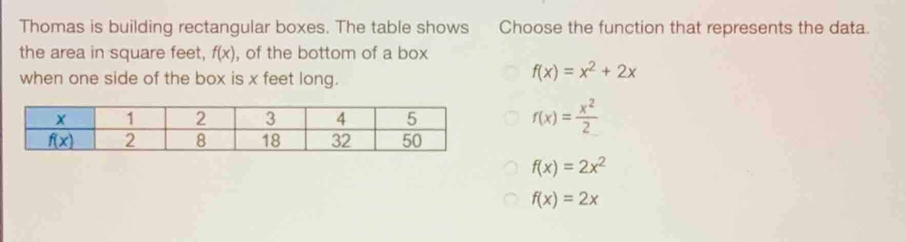thomas is building rectangular boxes. the table shows the area in squar…