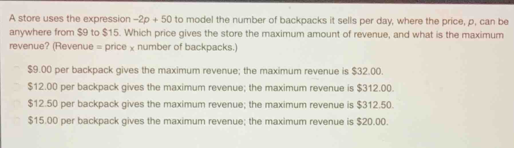 a store uses the expression \\(-2p + 50\\) to model the number of backp…