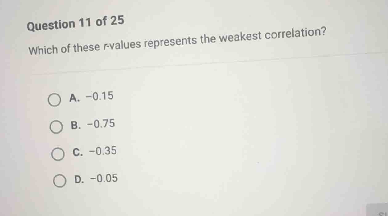 question 11 of 25 which of these \\(r\\)-values represents the weakest …