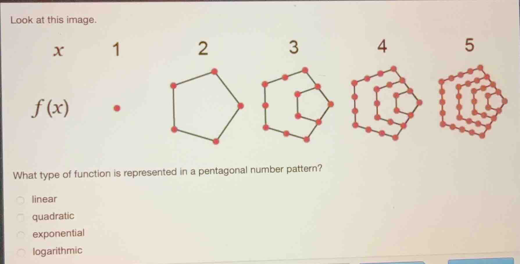 look at this image. \\(x\\) 1 2 3 4 5 \\(f(x)\\) what type of function …