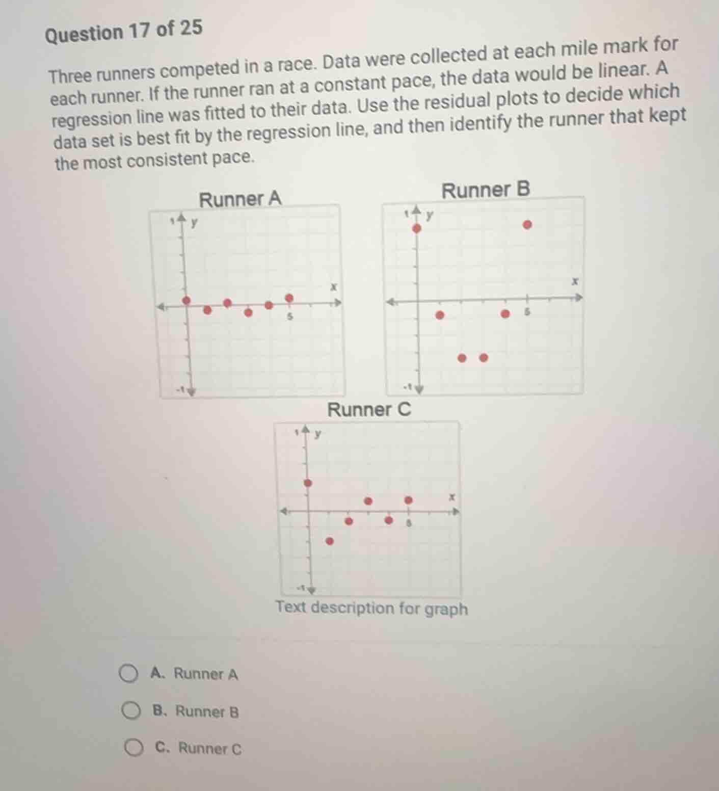 question 17 of 25 three runners competed in a race. data were collected…