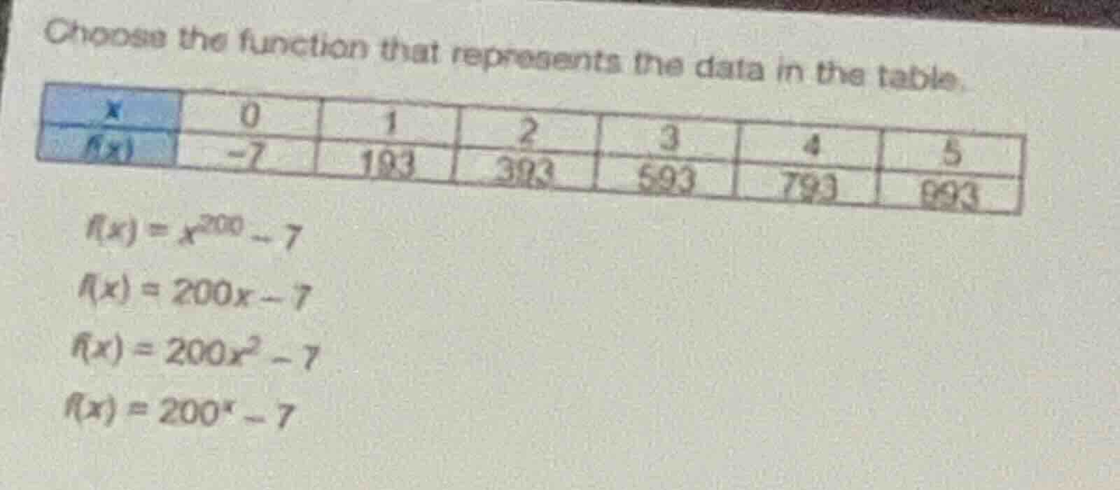 choose the function that represents the data in the table. \\begin{tabu…