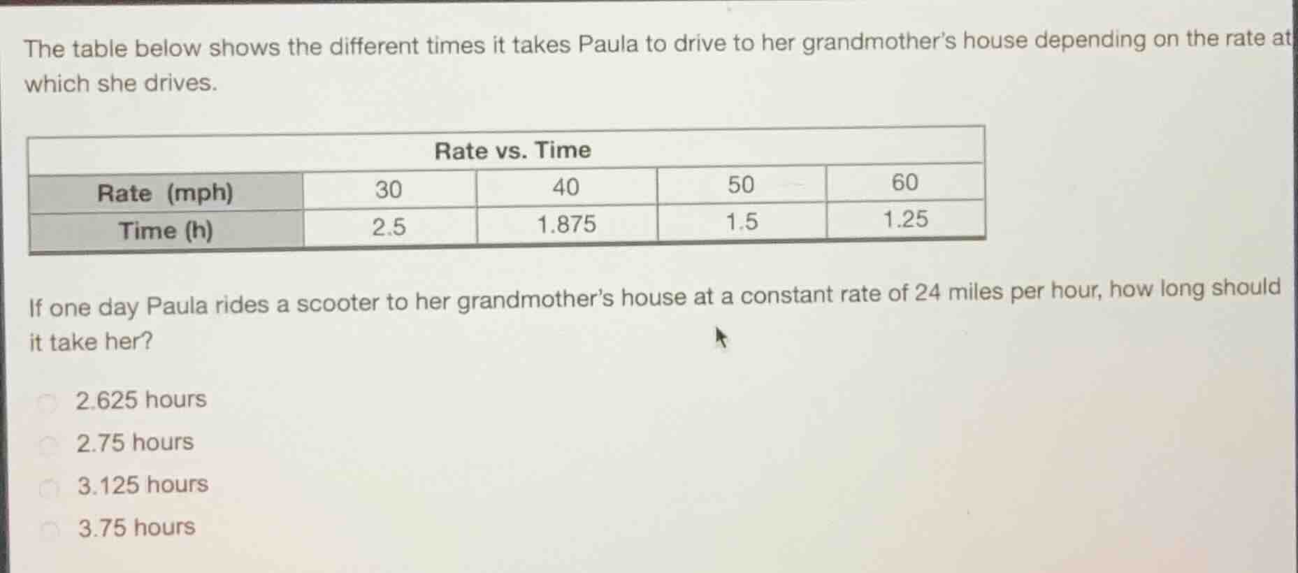 the table below shows the different times it takes paula to drive to he…