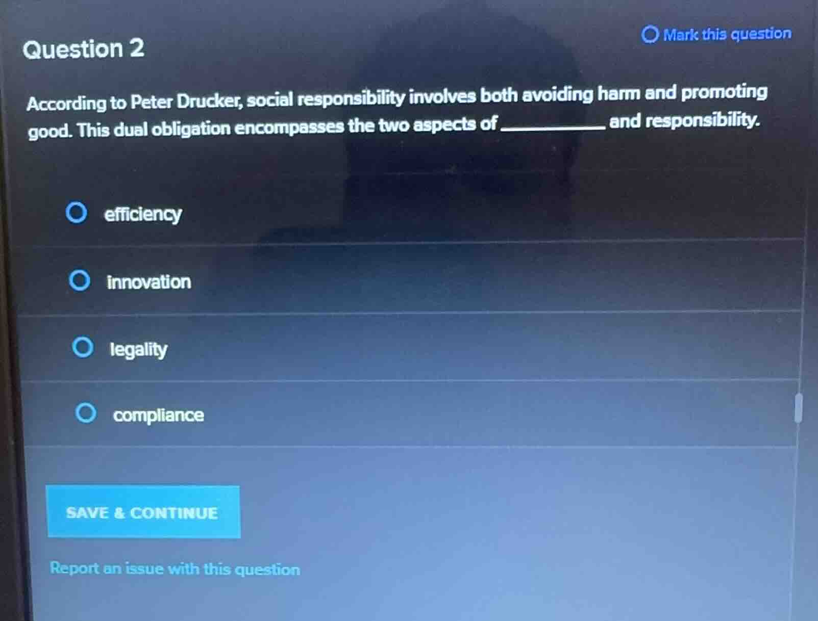 question 2 according to peter drucker, social responsibility involves b…