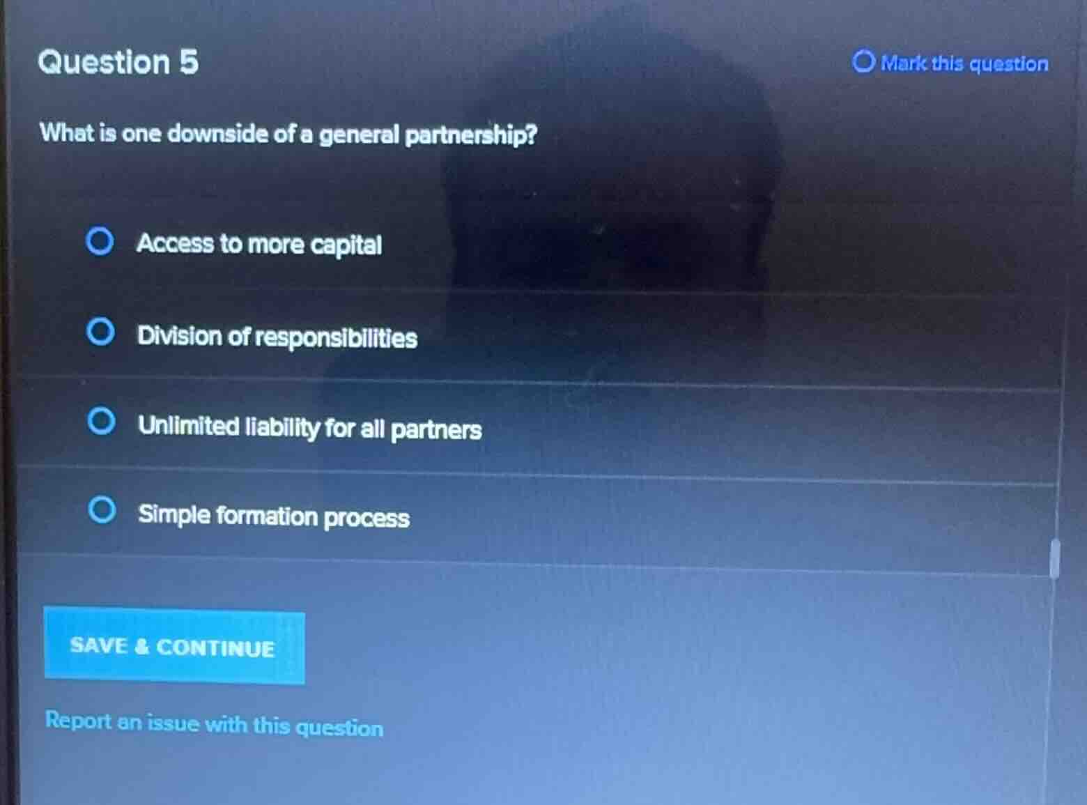 question 5 what is one downside of a general partnership? access to mor…