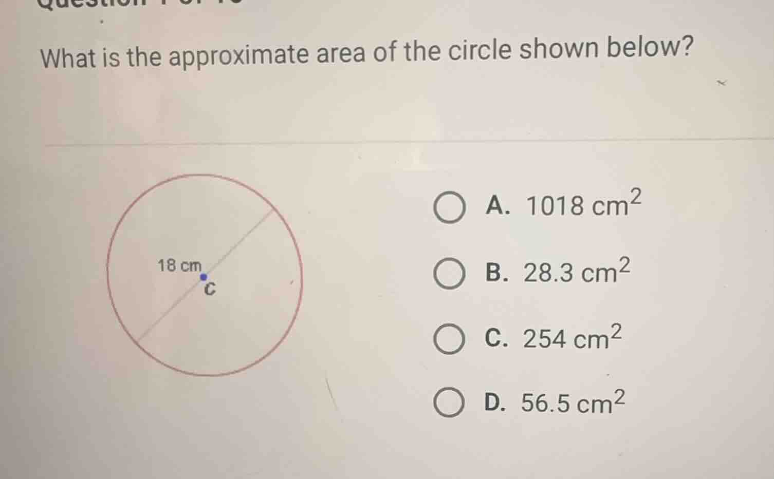 what is the approximate area of the circle shown below? a. \\(1018\\tex…