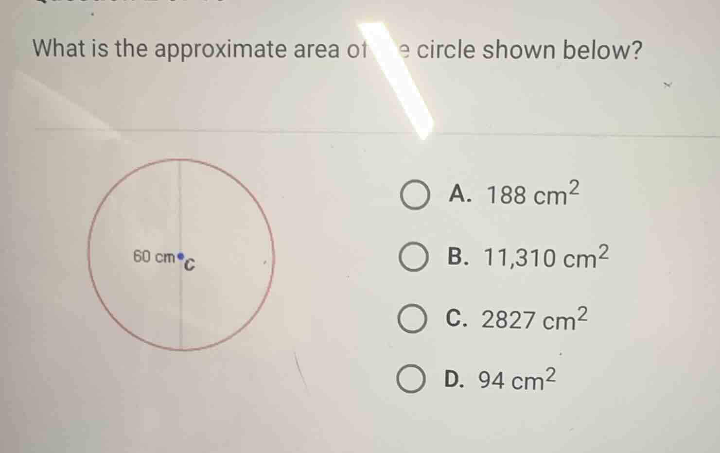 what is the approximate area of the circle shown below? a. \\(188\\text…