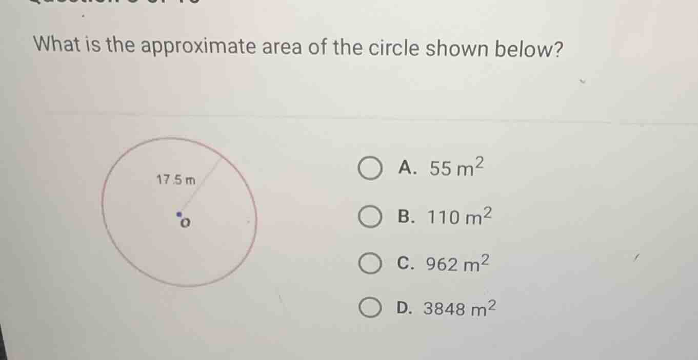 what is the approximate area of the circle shown below? a. \\(55\\text{…