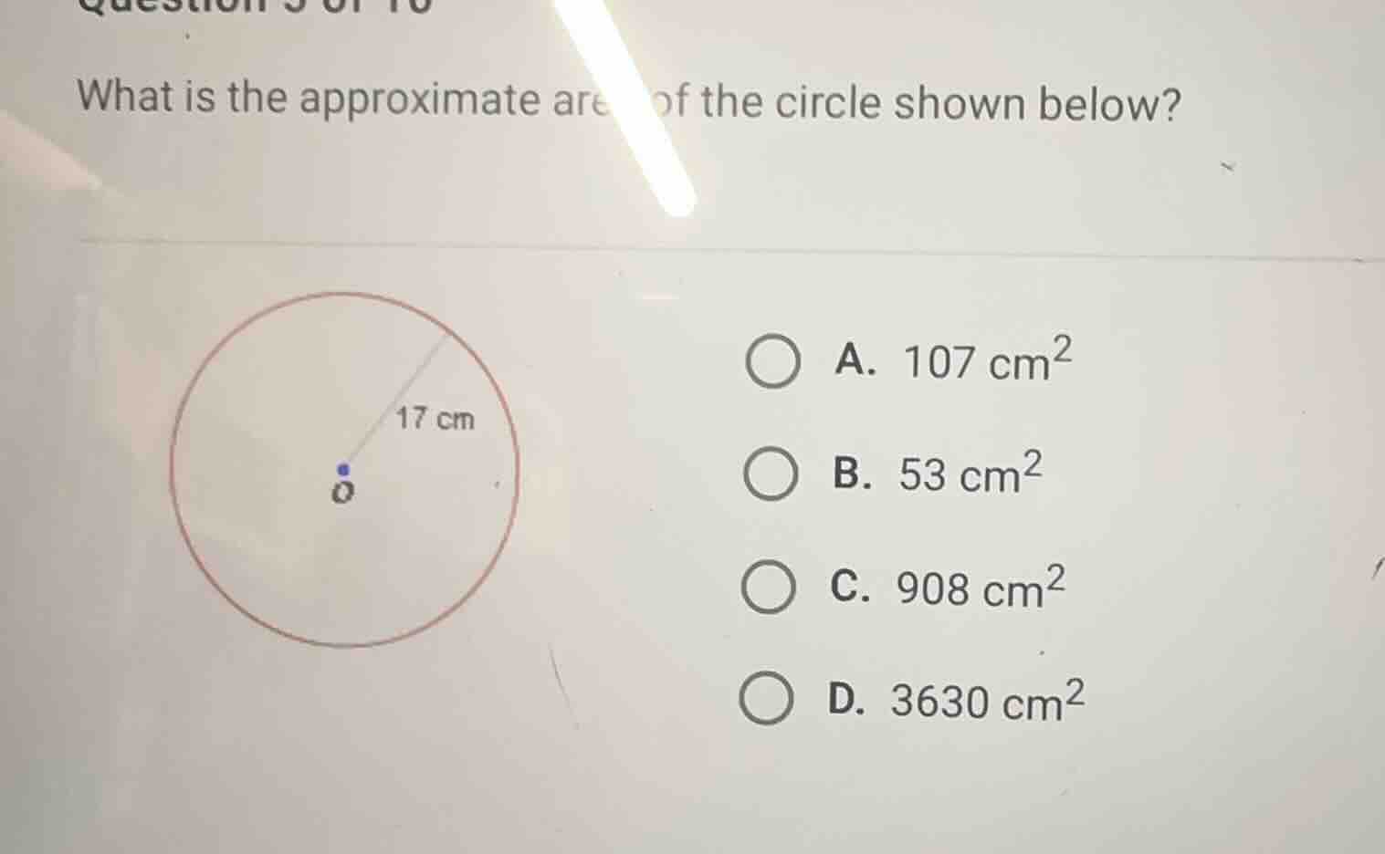 what is the approximate area of the circle shown below? a. \\(107\\text…