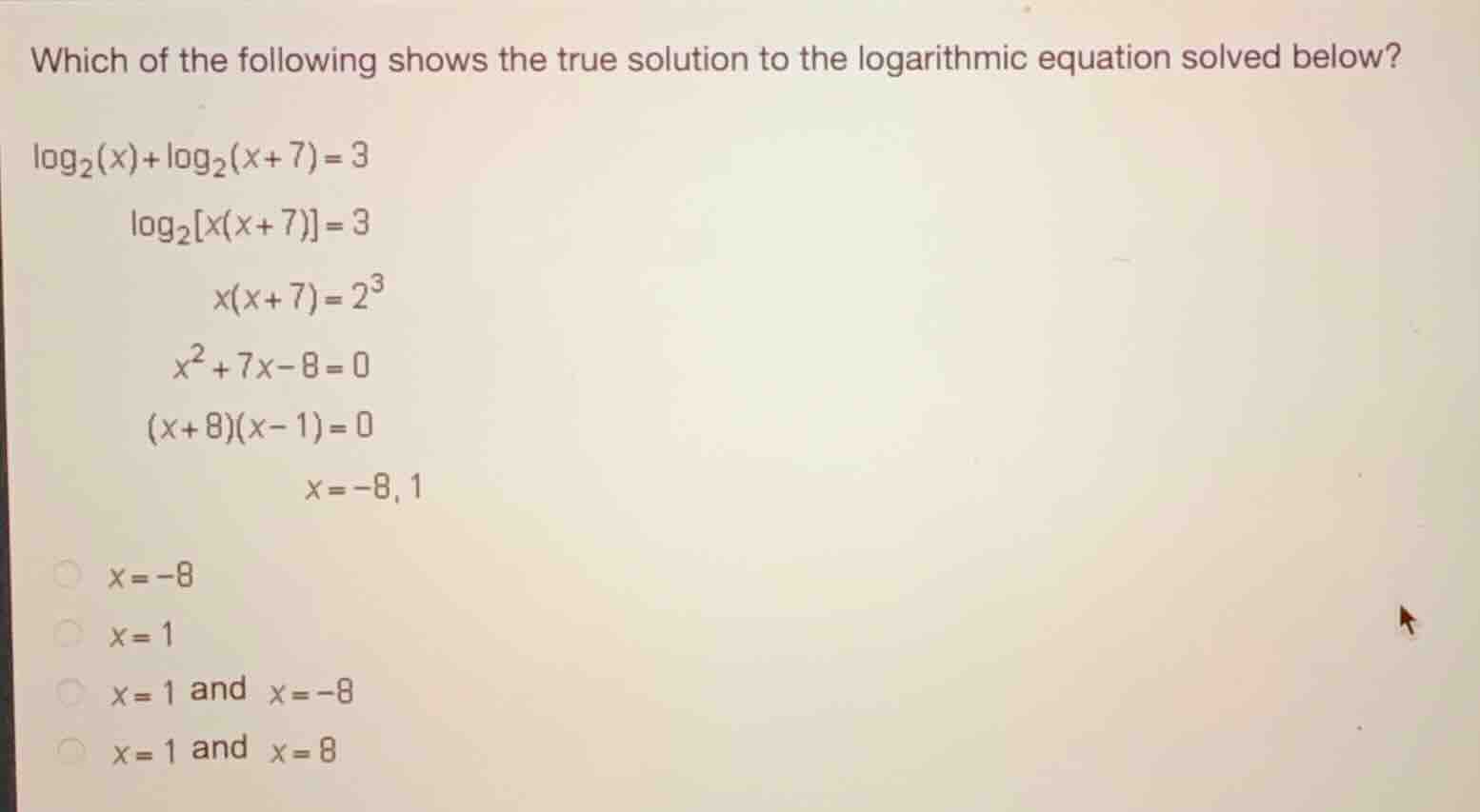 which of the following shows the true solution to the logarithmic equat…