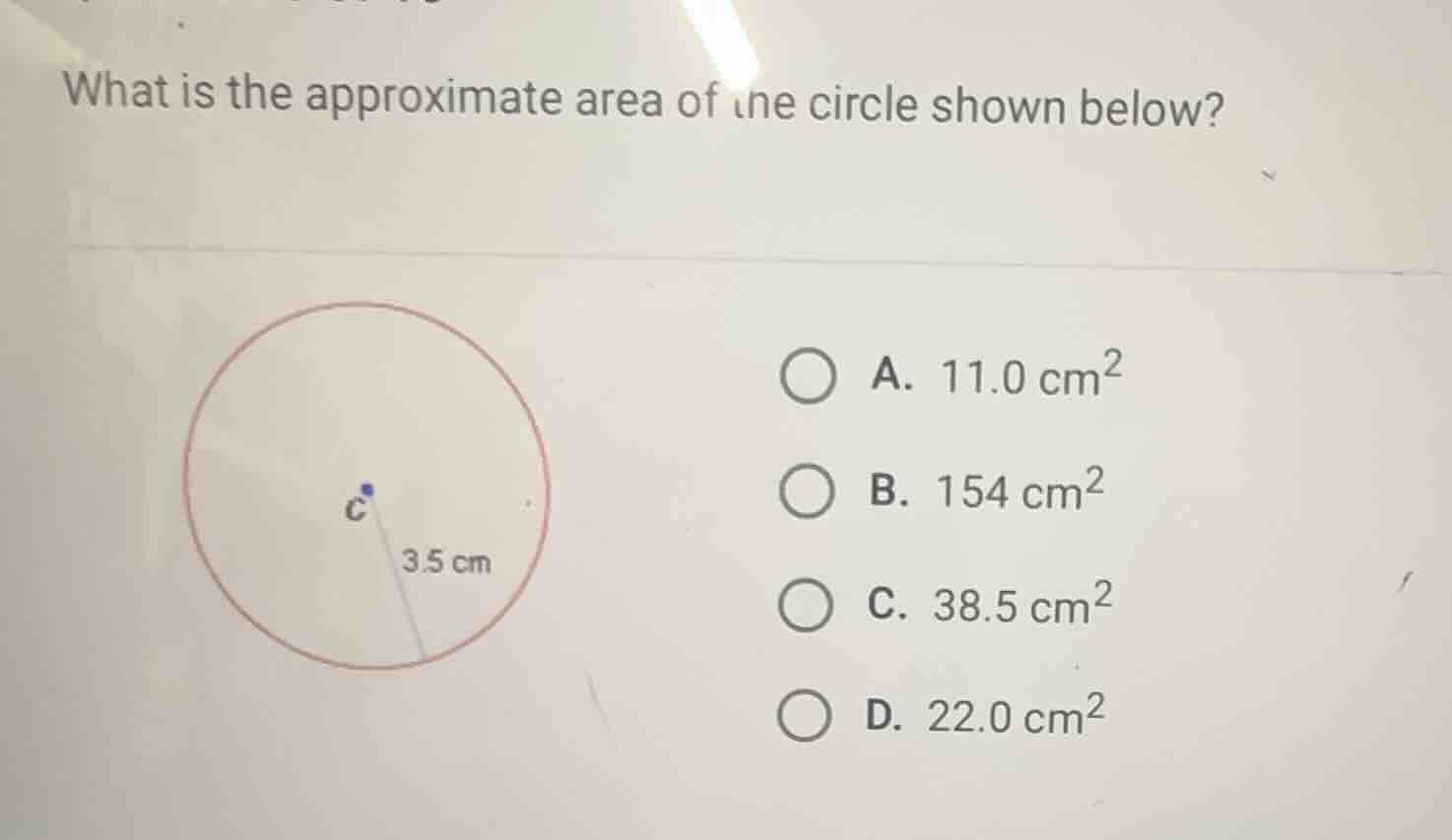 what is the approximate area of the circle shown below? a. \\(11.0\\tex…