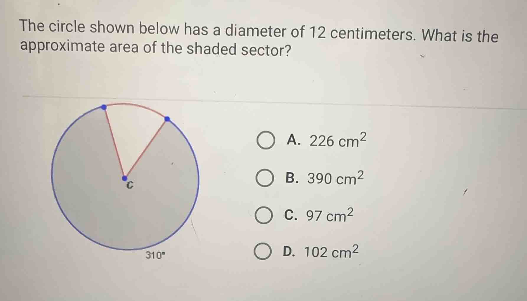 the circle shown below has a diameter of 12 centimeters. what is the ap…