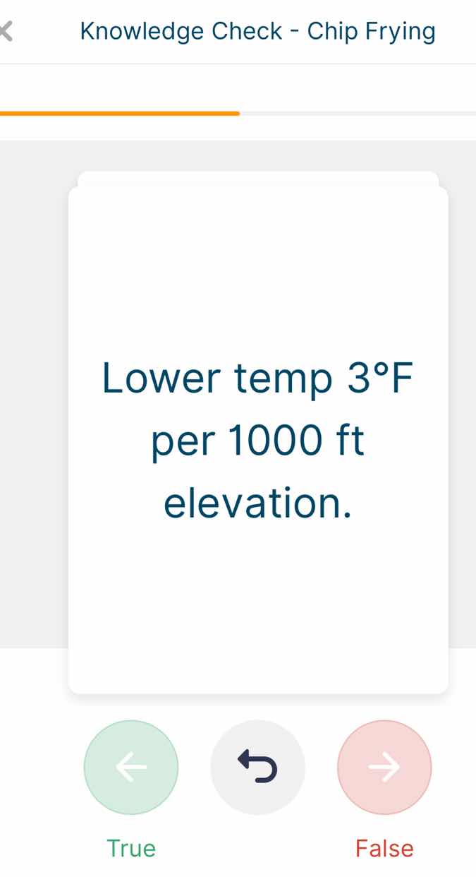 knowledge check - chip frying lower temp 3°f per 1000 ft elevation. tru…