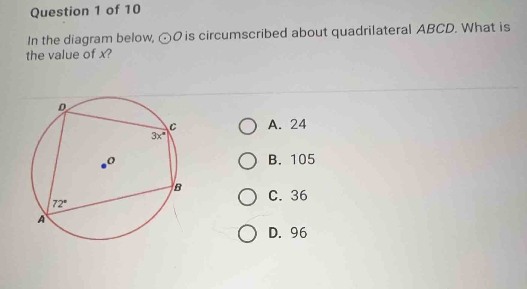 question 1 of 10 in the diagram below, \\(\\odot o\\) is circumscribed …