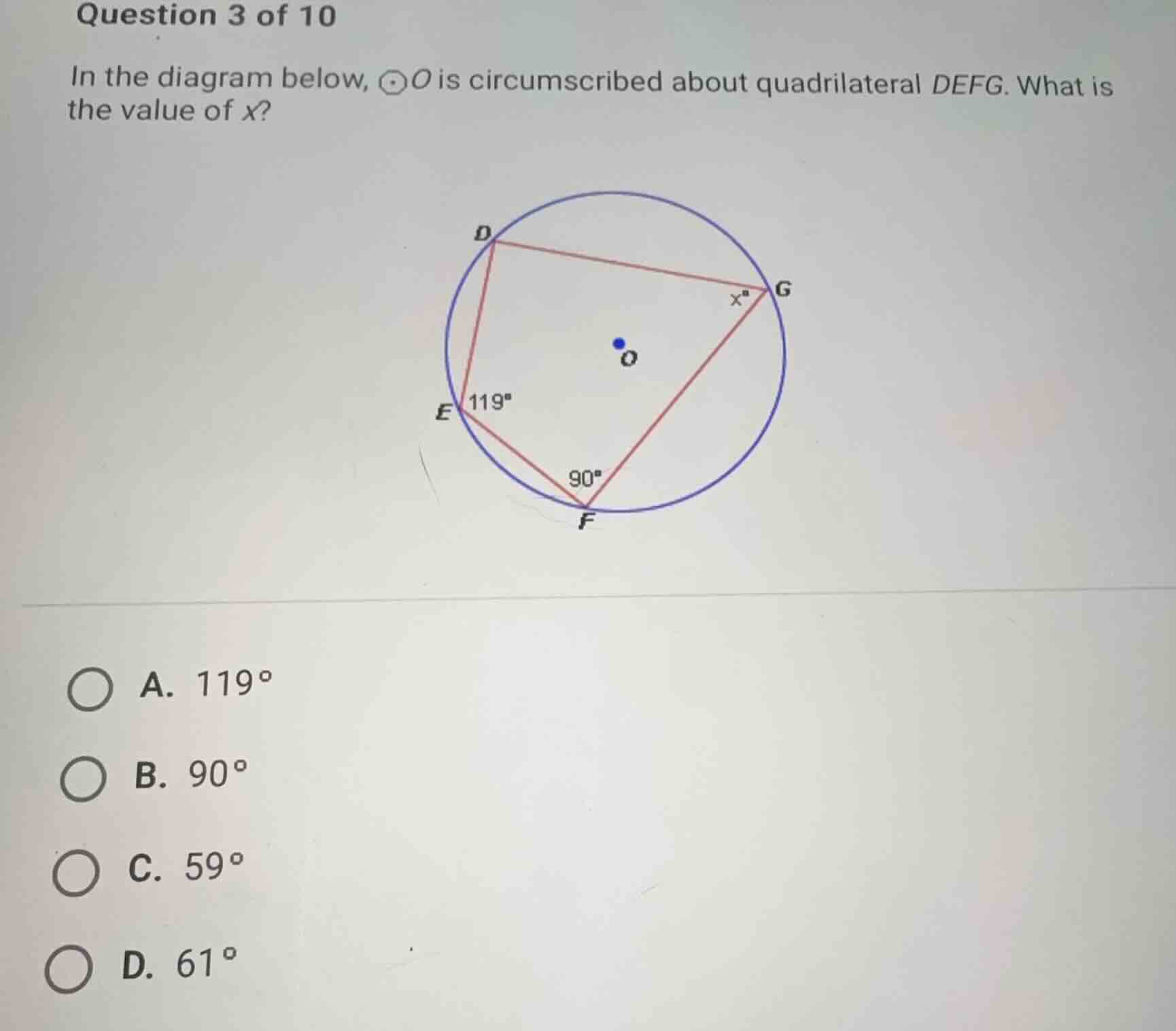 question 3 of 10 in the diagram below, \\(\\odot o\\) is circumscribed …