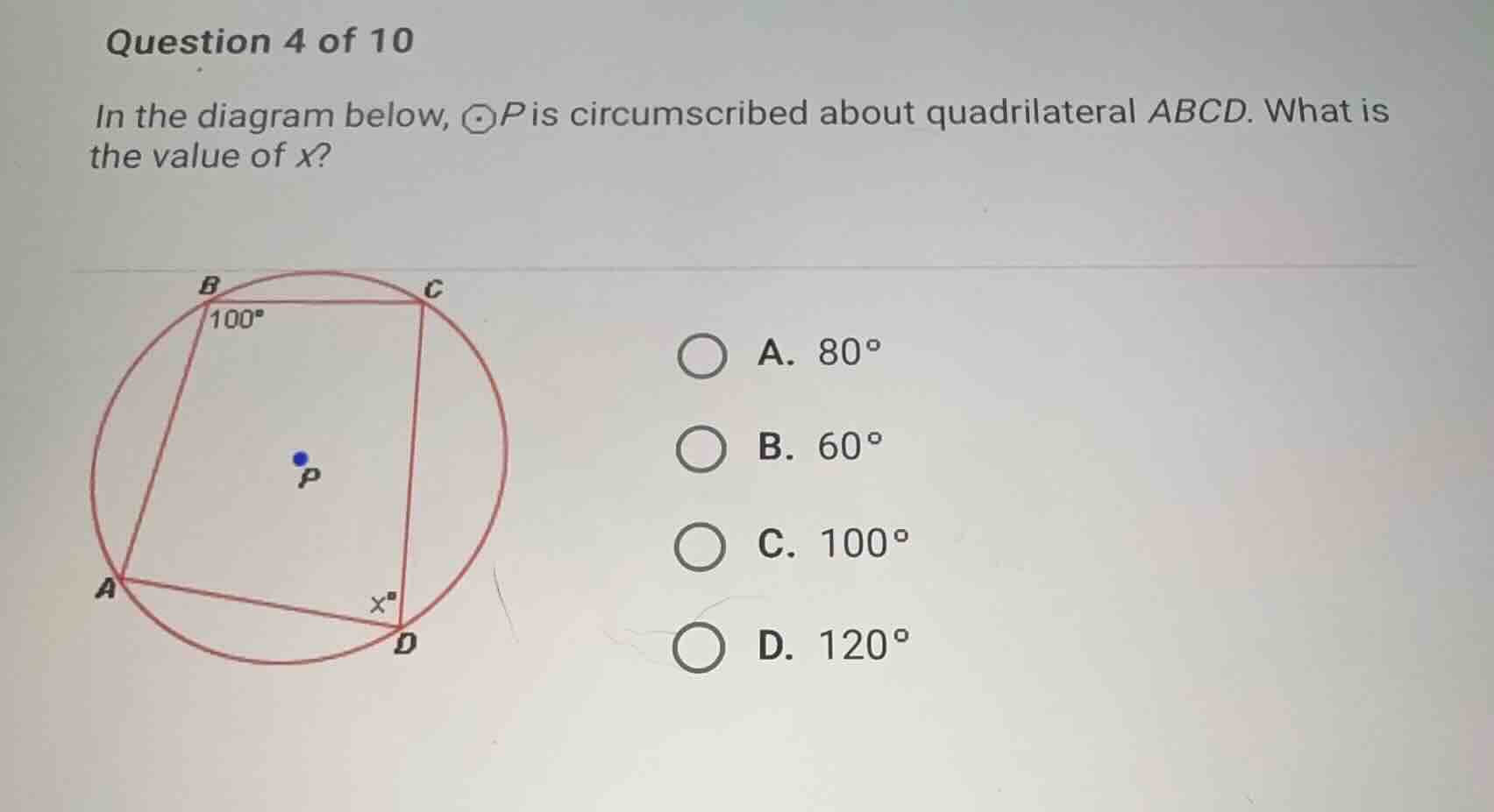 question 4 of 10 in the diagram below, \\(\\odot p\\) is circumscribed …